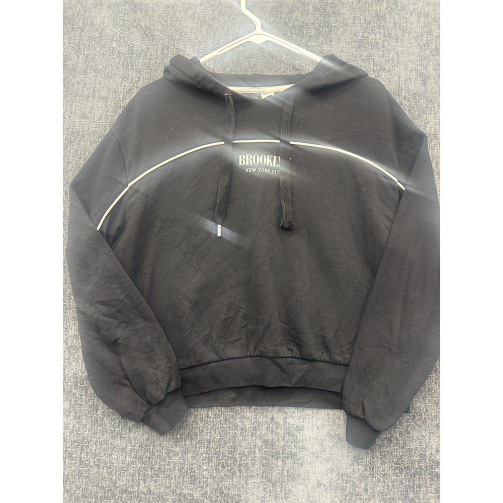 H&M Divided Hoodie Womens L Black Contrast Piping Graphic Brooklyn New York City